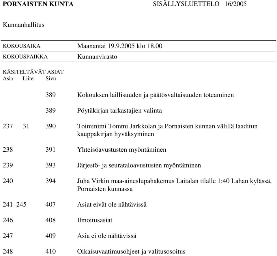 390 Toiminimi Tommi Jarkkolan ja Pornaisten kunnan välillä laaditun kauppakirjan hyväksyminen 238 391 Yhteisöavustusten myöntäminen 239 393 Järjestö- ja