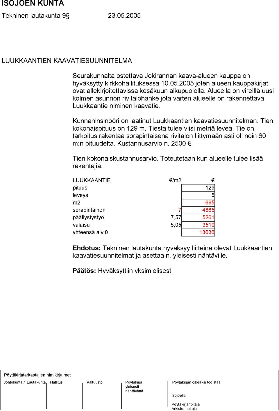 Tien kokonaispituus on 129 m. Tiestä tulee viisi metriä leveä. Tie on tarkoitus rakentaa sorapintaisena rivitalon liittymään asti oli noin 60 m:n pituudelta. Kustannusarvio n. 2500.