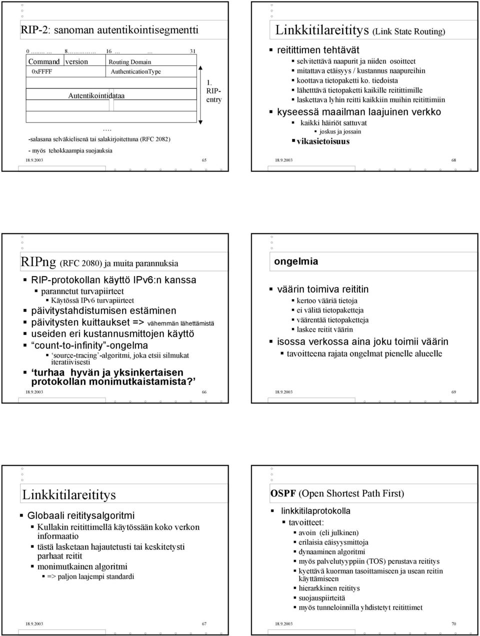 RIPentry Linkkitilareititys (Link State Routing) reitittimen tehtävät selvitettävä naapurit ja niiden osoitteet mitattava etäisyys / kustannus naapureihin koottava tietopaketti ko.