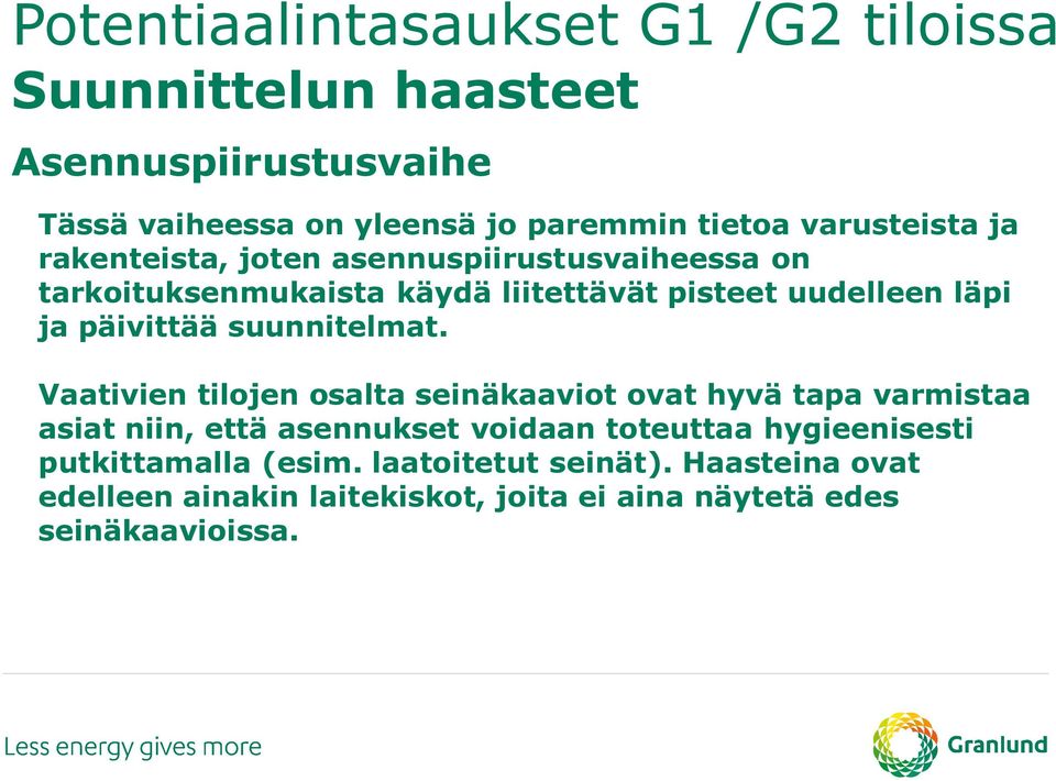 Vaativien tilojen osalta seinäkaaviot ovat hyvä tapa varmistaa asiat niin, että asennukset voidaan toteuttaa hygieenisesti