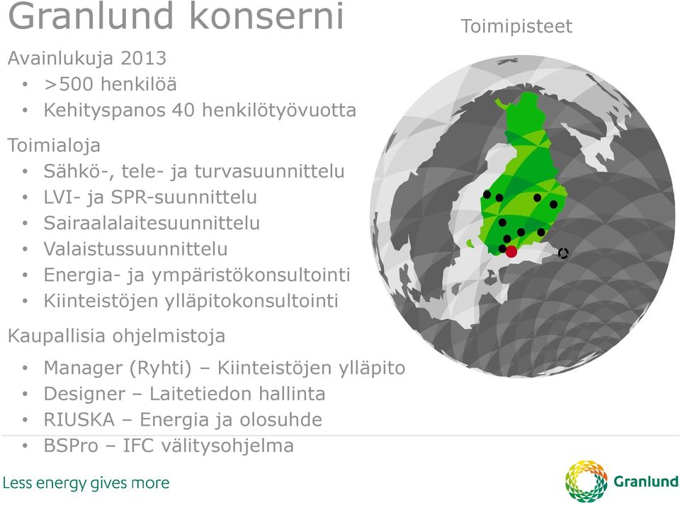 Energia- ja ympäristökonsultointi Kiinteistöjen ylläpitokonsultointi Kaupallisia ohjelmistoja Manager