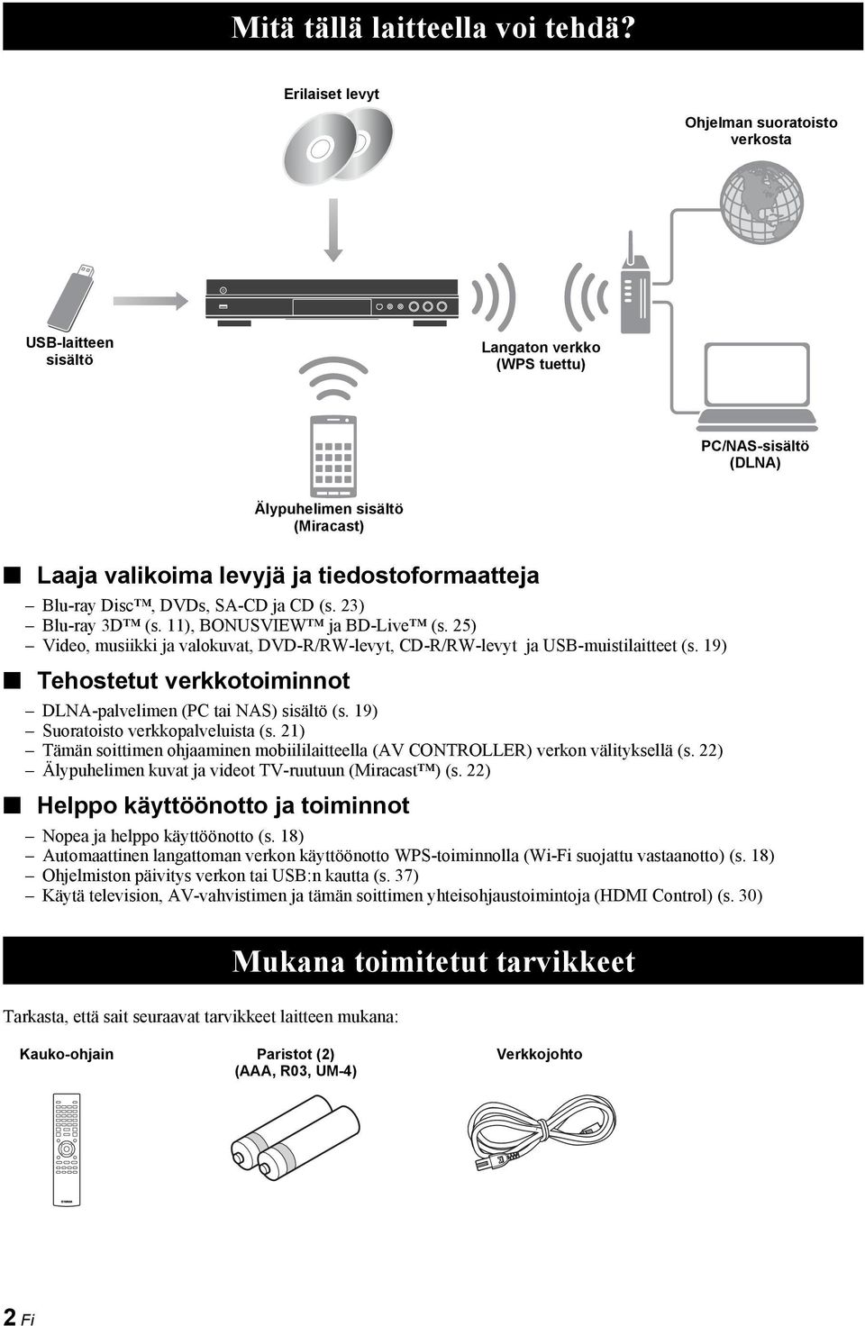 Blu-ray Disc, DVDs, SA-CD ja CD (s. 23) Blu-ray 3D (s. 11), BONUSVIEW ja BD-Live (s. 25) Video, musiikki ja valokuvat, DVD-R/RW-levyt, CD-R/RW-levyt ja USB-muistilaitteet (s.