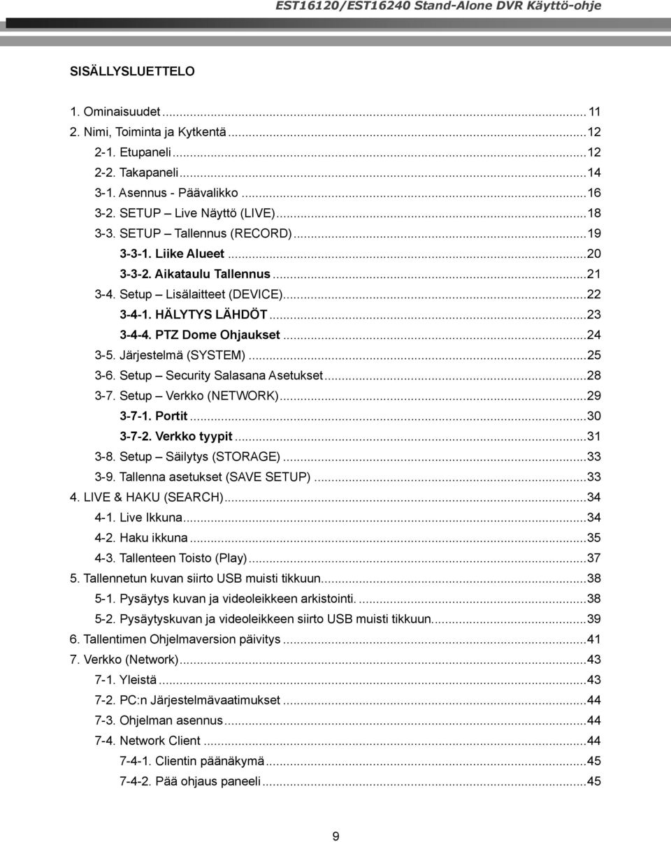 PTZ Dome Ohjaukset...24 3-5. Järjestelmä (SYSTEM)...25 3-6. Setup Security Salasana Asetukset...28 3-7. Setup Verkko (NETWORK)...29 3-7-1. Portit...30 3-7-2. Verkko tyypit...31 3-8.