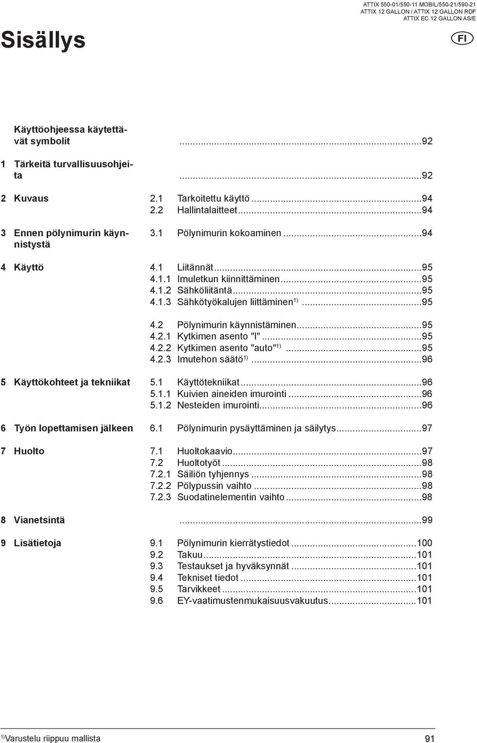 ..95 4.2.1 Kytkimen asento "I"...95 4.2.2 Kytkimen asento "auto"...95 4.2.3 Imutehon säätö...96 5 Käyttökohteet ja tekniikat 6 Työn lopettamisen jälkeen 7 Huolto 8 Vianetsintä 9 Lisätietoja 5.