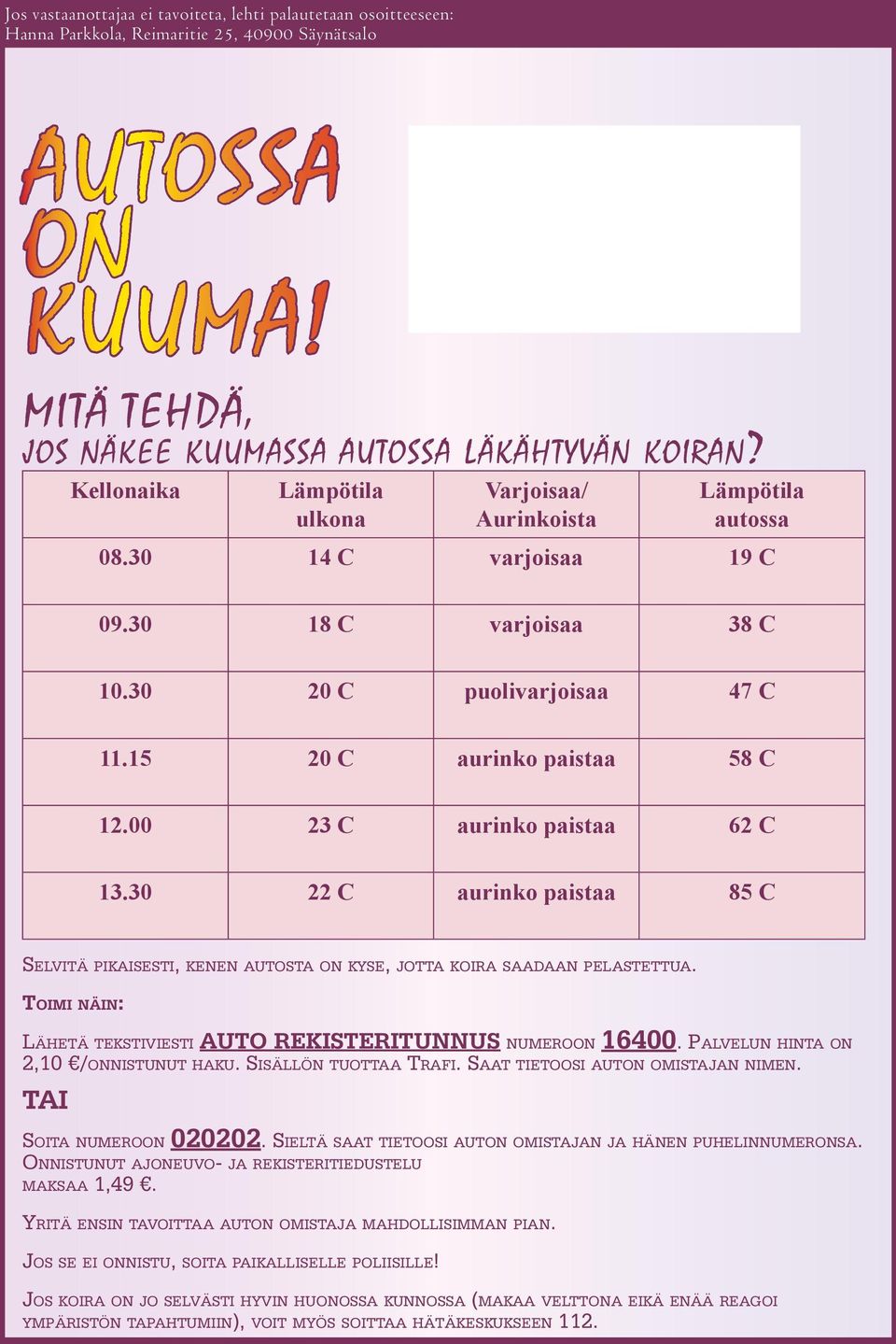 00 23 C aurinko paistaa 62 C 13.30 22 C aurinko paistaa 85 C Selvitä pikaisesti, kenen autosta on kyse, jotta koira saadaan pelastettua.