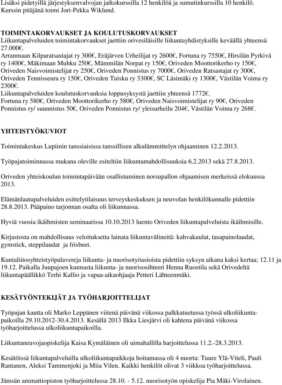 Arranmaan Kilparatsastajat ry 300, Eräjärven Urheilijat ry 2600, Fortuna ry 7550, Hirsilän Pyrkivä ry 1400, Mäkimaan Muhku 250, Mämmilän Norpat ry 150, Oriveden Moottorikerho ry 150, Oriveden