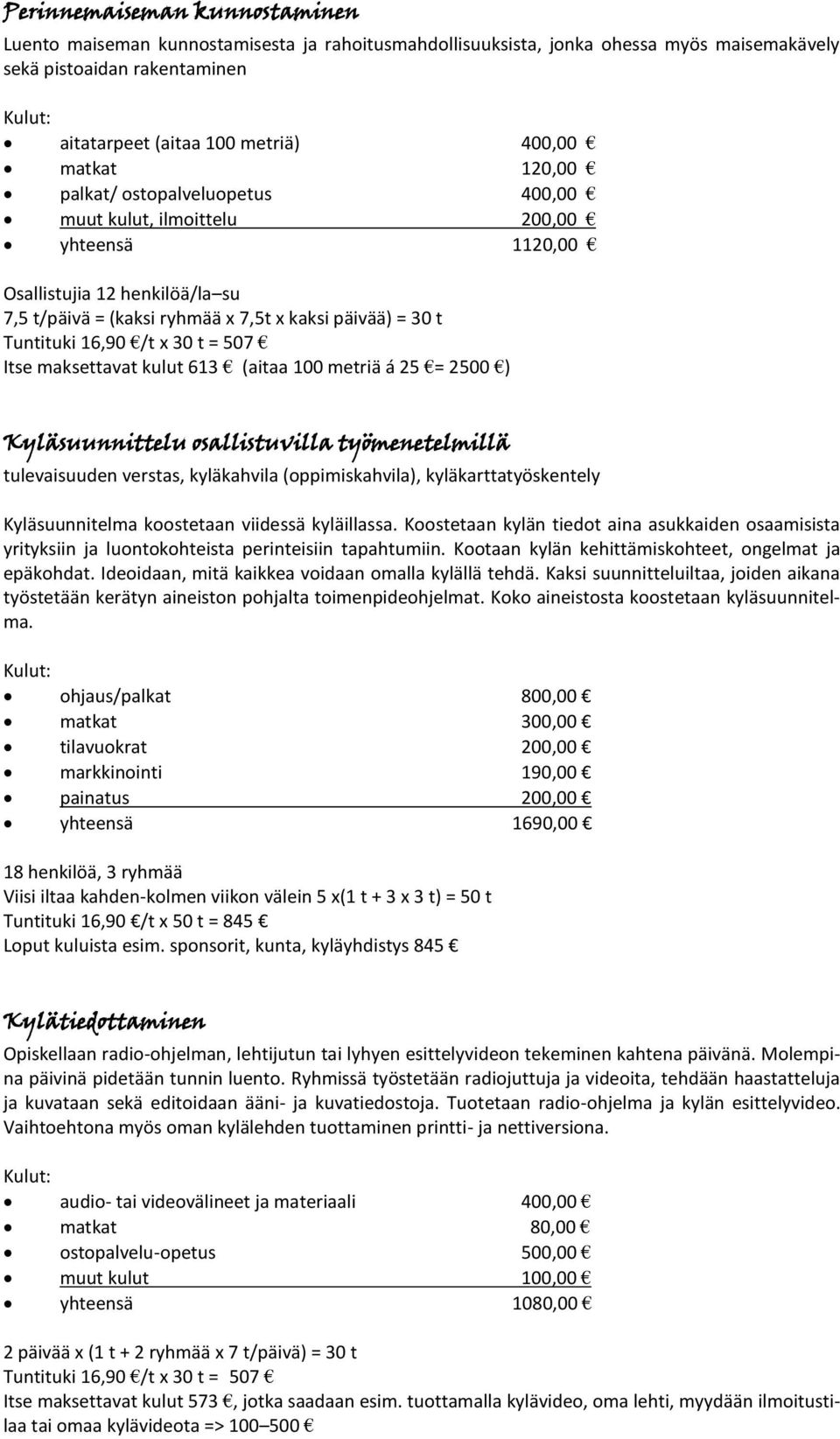 /t x 30 t = 507 Itse maksettavat kulut 613 (aitaa 100 metriä á 25 = 2500 ) Kyläsuunnittelu osallistuvilla työmenetelmillä tulevaisuuden verstas, kyläkahvila (oppimiskahvila), kyläkarttatyöskentely