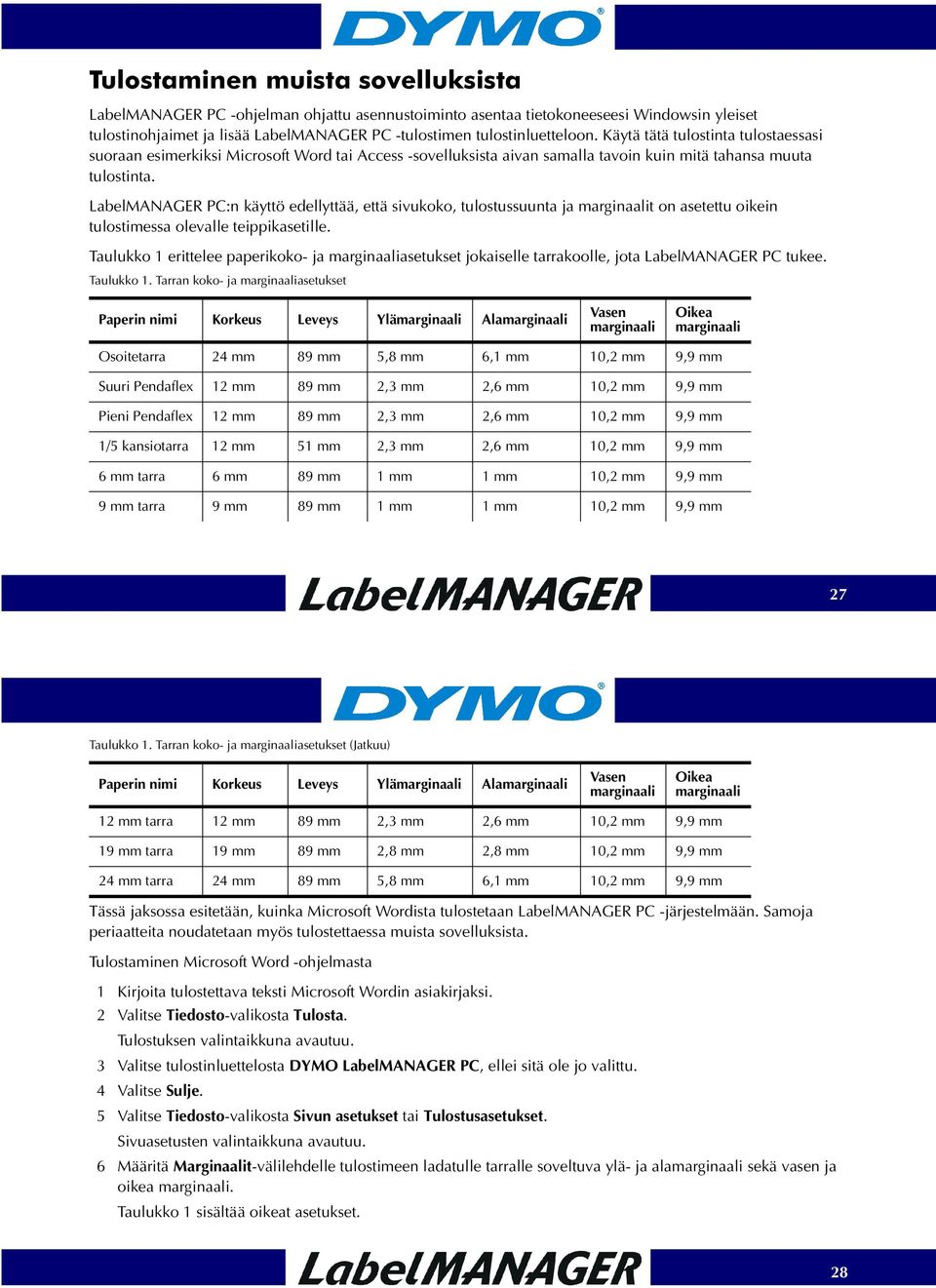 LabelMANAGER PC:n käyttö edellyttää, että sivukoko, tulostussuunta ja marginaalit on asetettu oikein tulostimessa olevalle teippikasetille.