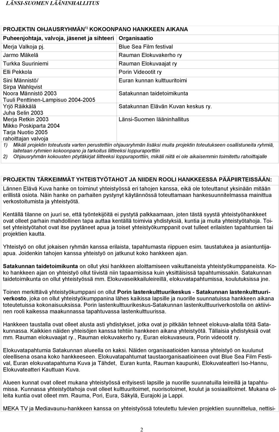 Wahlqvist Noora Männistö 2003 Satakunnan taidetoimikunta Tuuli Penttinen-Lampisuo 2004-2005 Yrjö Räikkälä Satakunnan Elävän Kuvan keskus ry.