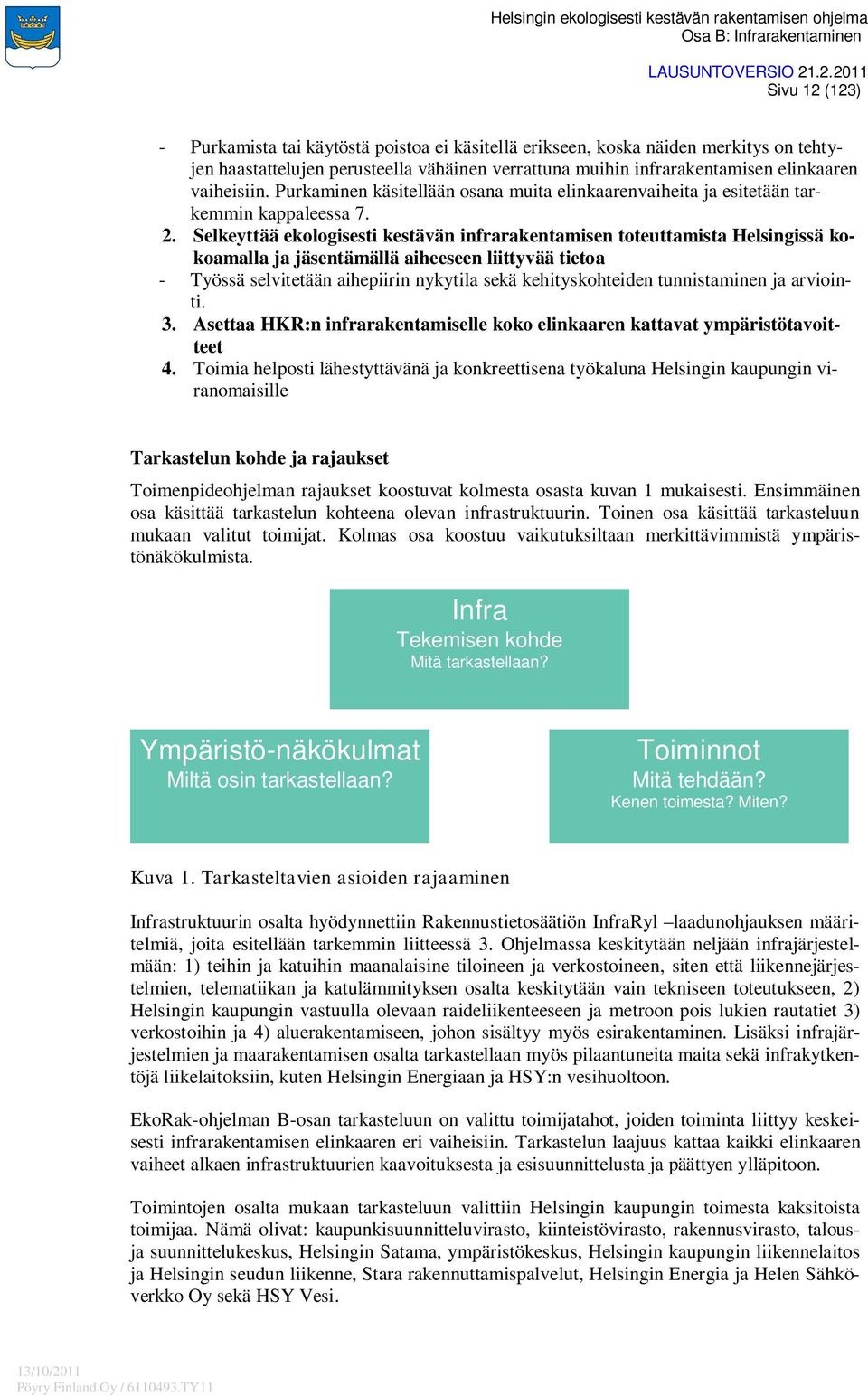 Selkeyttää ekologisesti kestävän infrarakentamisen toteuttamista Helsingissä kokoamalla ja jäsentämällä aiheeseen liittyvää tietoa - Työssä selvitetään aihepiirin nykytila sekä kehityskohteiden