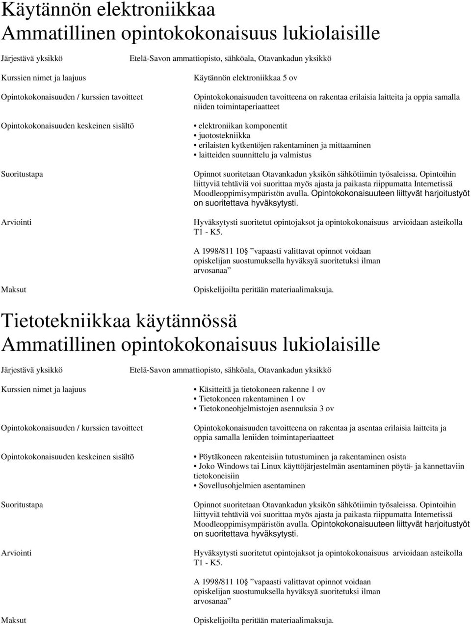 toimintaperiaatteet elektroniikan komponentit juotostekniikka erilaisten kytkentöjen rakentaminen ja mittaaminen laitteiden suunnittelu ja valmistus Opinnot suoritetaan Otavankadun yksikön