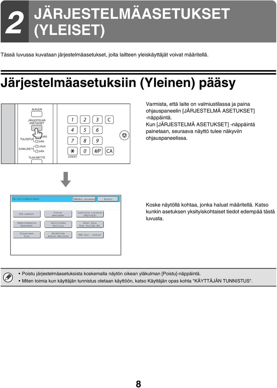 -näppäintä. Kun [JÄRJESTELMÄ ASETUKSET] -näppäintä painetaan, seuraava näyttö tulee näkyviin ohjauspaneelissa. TILAN NÄYTTÖ LOGOUT Järjestelmäasetukset Pääkäyt.salasana Poistu Kok.