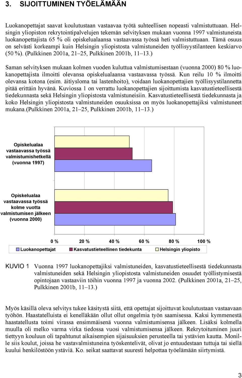 Tämä osuus on selvästi korkeampi kuin Helsingin yliopistosta valmistuneiden työllisyystilanteen keskiarvo (50 %). (Pulkkinen 2001a, 21 25, Pulkkinen 2001b, 11 13.