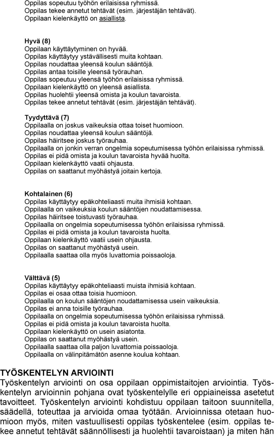 Oppilaan kielenkäyttö on yleensä asiallista. Oppilas huolehtii yleensä omista ja koulun tavaroista. Oppilas tekee annetut tehtävät (esim. järjestäjän tehtävät).