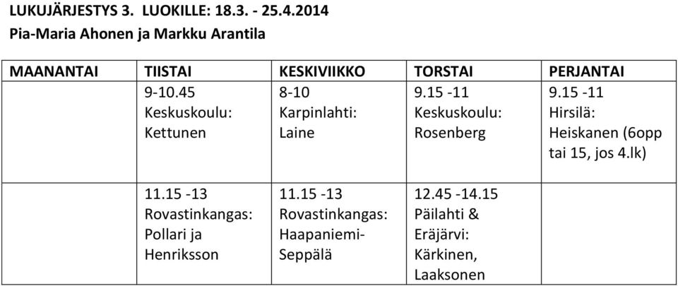 45 Keskuskoulu: Kettunen 8-10 Karpinlahti: Laine 9.15-11 Keskuskoulu: Rosenberg 9.