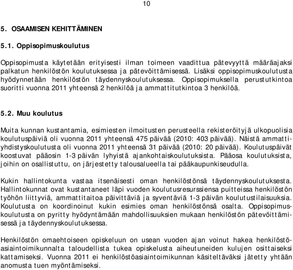 11 yhteensä 2 henkilöä ja ammattitutkintoa 3 henkilöä. 5.2. Muu koulutus Muita kunnan kustantamia, esimiesten ilmoitusten perusteella rekisteröityjä ulkopuolisia koulutuspäiviä oli vuonna 2011 yhteensä 475 päivää (2010: 403 päivää).