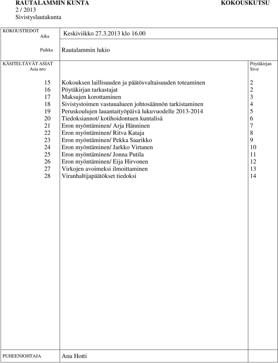 korottaminen Sivistystoimen vastuualueen johtosäännön tarkistaminen Peruskoulujen lauantaityöpäivä lukuvuodelle 2013-2014 Tiedoksiannot/ kotihoidontuen kuntalisä Eron myöntäminen/ Arja Hänninen