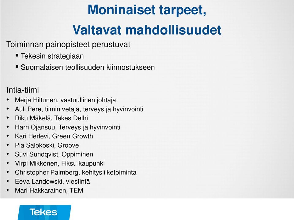 Mäkelä, Tekes Delhi Harri Ojansuu, Terveys ja hyvinvointi Kari Herlevi, Green Growth Pia Salokoski, Groove Suvi Sundqvist,