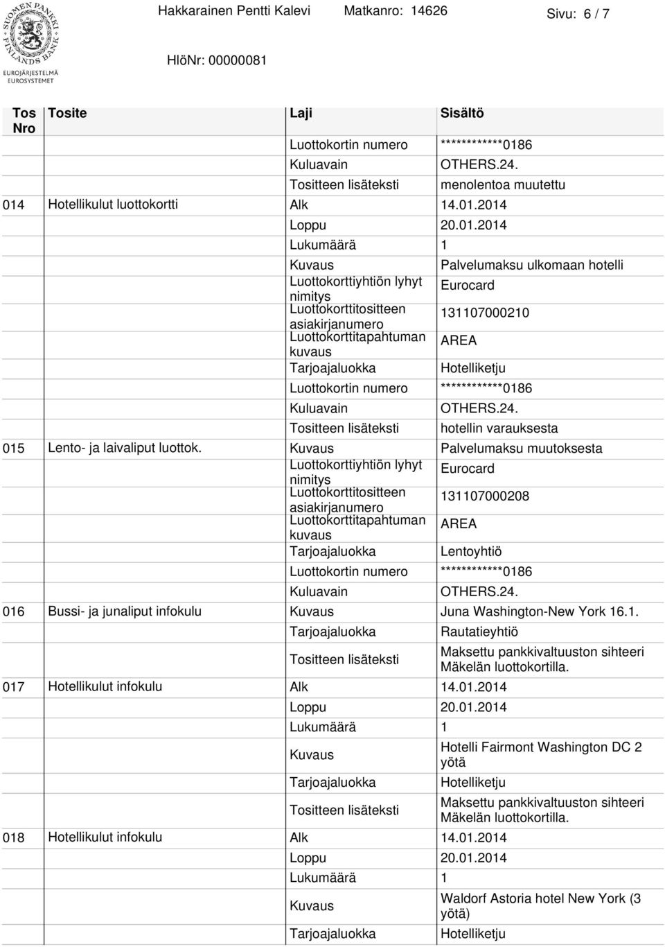 2014 Palvelumaksu ulkomaan hotelli Luottokorttitositteen 131107000210 hotellin varauksesta 015 Lento- ja laivaliput luottok.