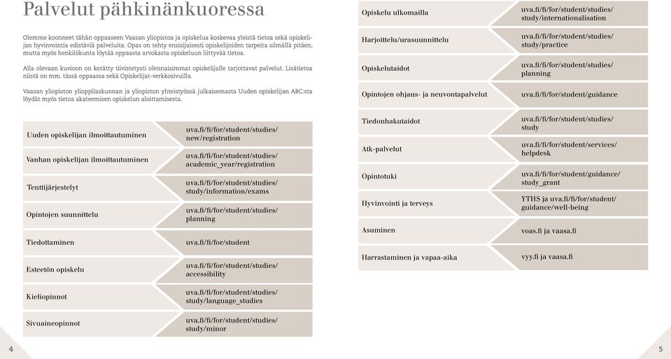 Alla olevaan kuvioon on kerätty tiivistetysti olennaisimmat opiskelijalle tarjottavat palvelut. Lisätietoa niistä on mm. tässä oppaassa sekä Opiskelijat-verkkosivuilla.