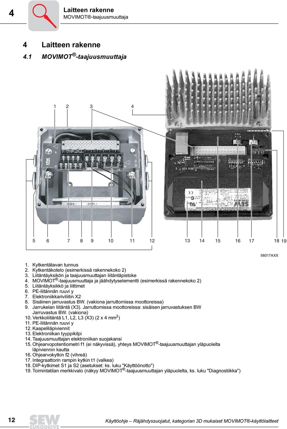 Liitäntäyksikkö ja liittimet 6. PE-liitännän ruuvi y 7. Elektroniikkariviliitin X2 8. Sisäinen jarruvastus BW. (vakiona jarruttomissa moottoreissa) 9. Jarrukelan liitäntä (X3).