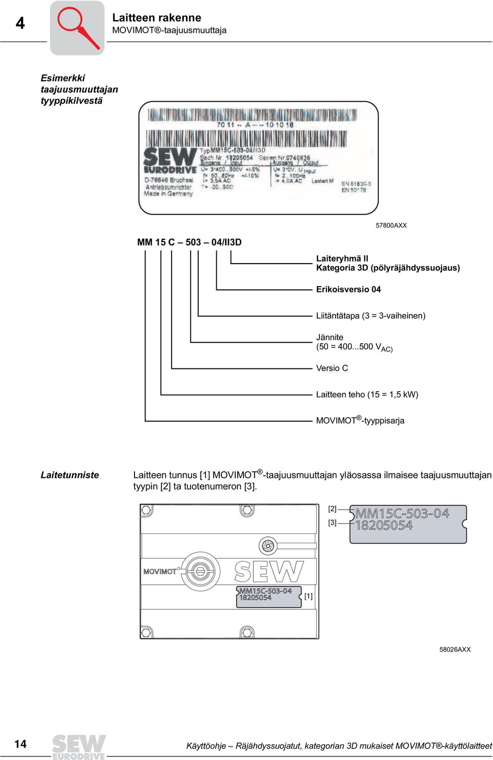 ..500 V AC) Versio C Laitteen teho (15 = 1,5 kw) MOVIMOT -tyyppisarja Laitetunniste Laitteen tunnus [1] MOVIMOT -taajuusmuuttajan