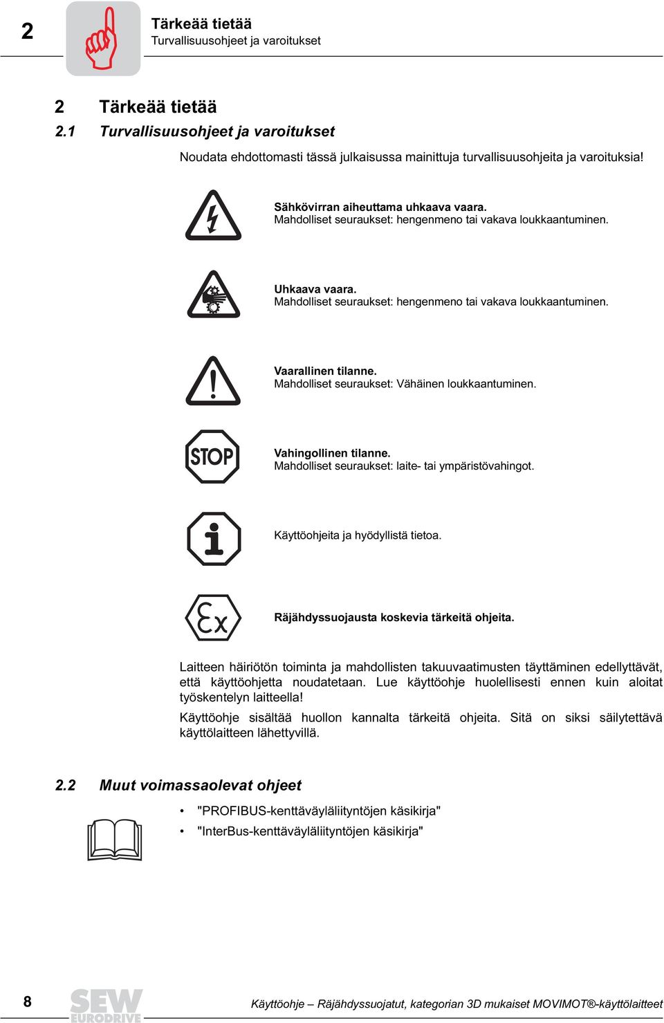 Mahdolliset seuraukset: Vähäinen loukkaantuminen. Vahingollinen tilanne. Mahdolliset seuraukset: laite- tai ympäristövahingot. Käyttöohjeita ja hyödyllistä tietoa.