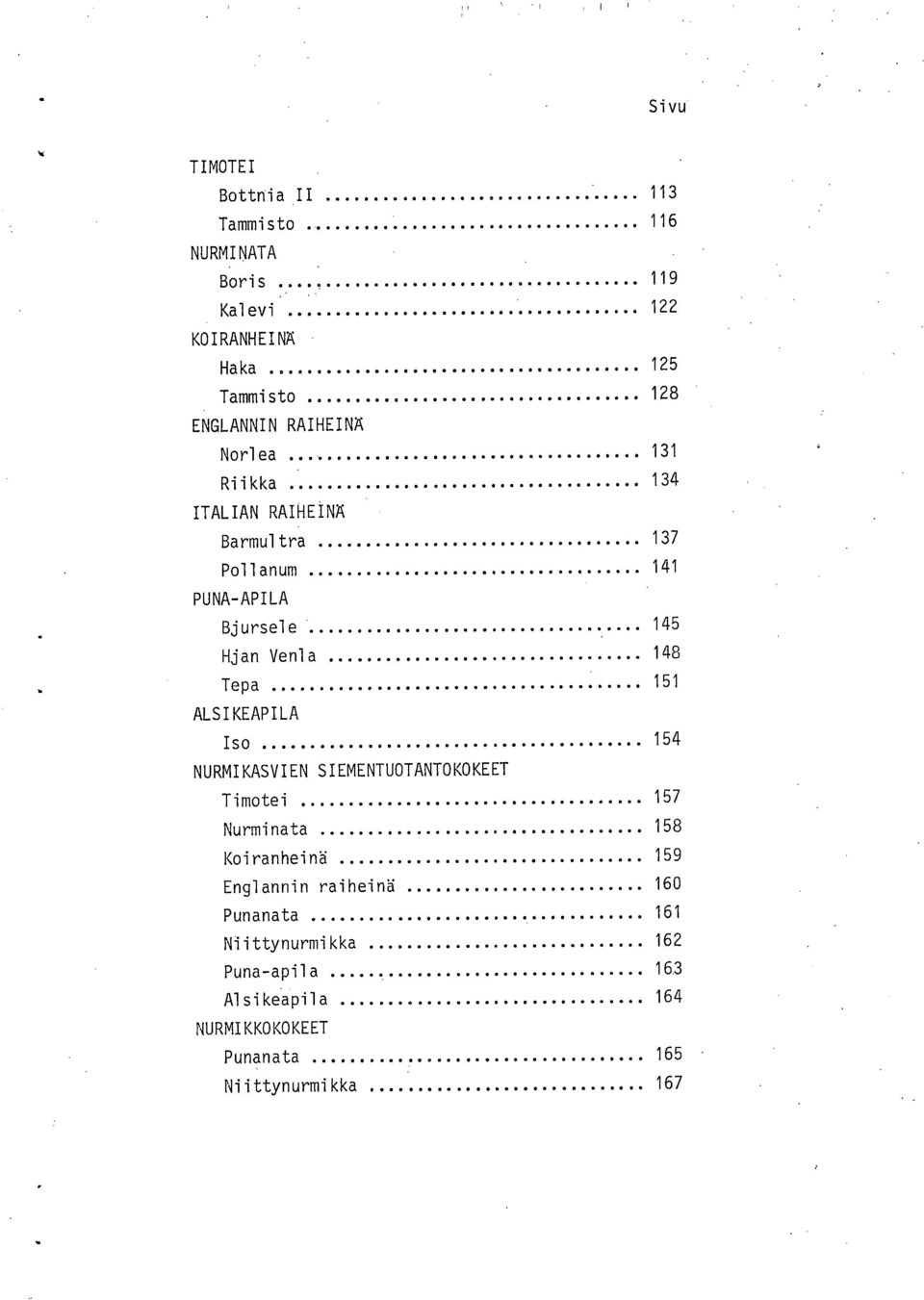 Tepa 151 ALSIKEAPILA Iso 154 NURMIKASVIEN SIEMENTUOTANTOKOKEET Timotei 157 Nurminata 158 Koiranheinä 159 Englannin