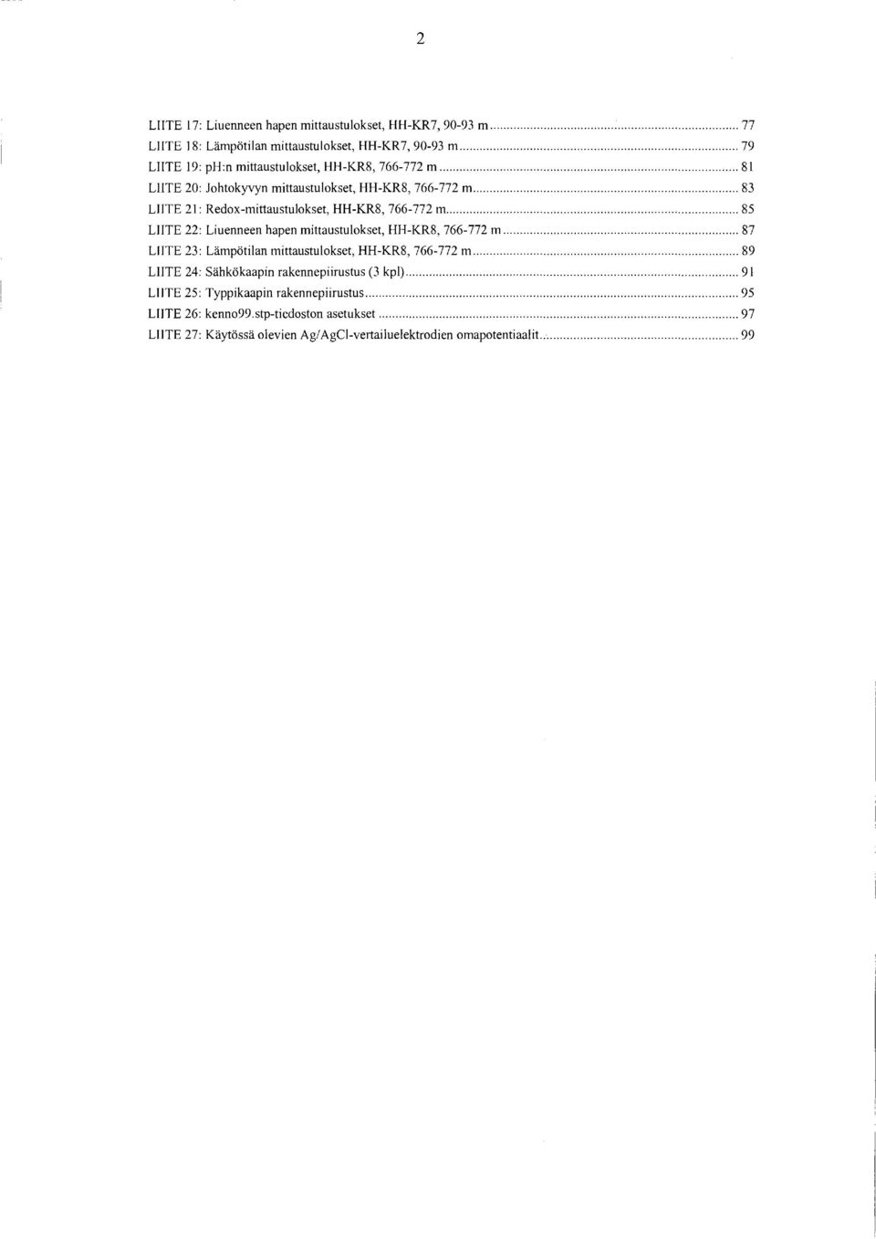 .. 83 LIITE 2: Redox-mittaustulokset, HH-KR8, 766-772 m... 85 LIITE 22: Liuenneen hapen mittaustulokset, HH-KR8, 766-772 m.