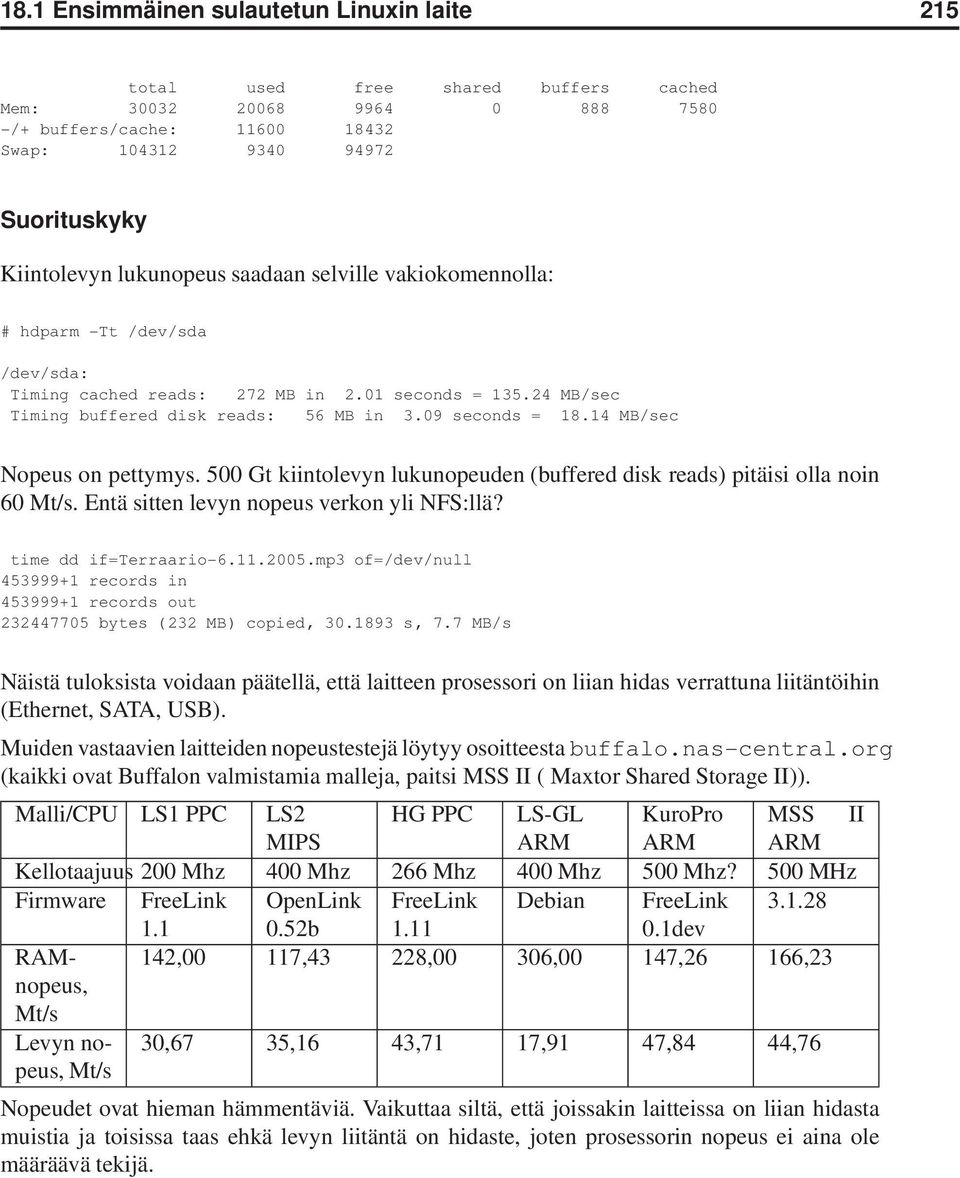 14 MB/sec Nopeus on pettymys. 500 Gt kiintolevyn lukunopeuden (buffered disk reads) pitäisi olla noin 60 Mt/s. Entä sitten levyn nopeus verkon yli NFS:llä? time dd if=terraario-6.11.2005.