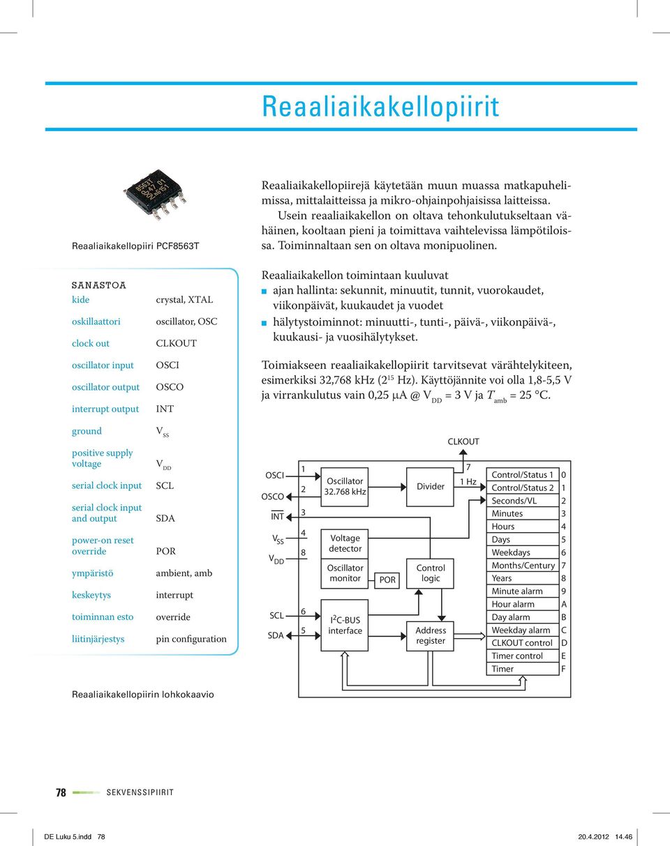 Sanastoa kide oskillaattori clock out oscillator input oscillator output interrupt output crystal, XTAL oscillator, OSC CLKOUT OSCI OSCO INT Reaaliaikakellon toimintaan kuuluvat ajan hallinta: