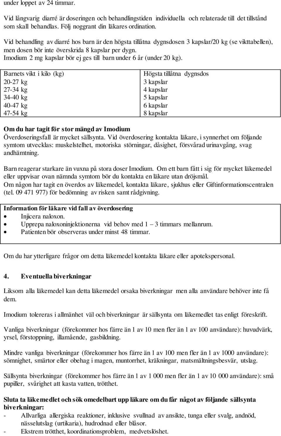 Imodium 2 mg kapslar bör ej ges till barn under 6 år (under 20 kg).