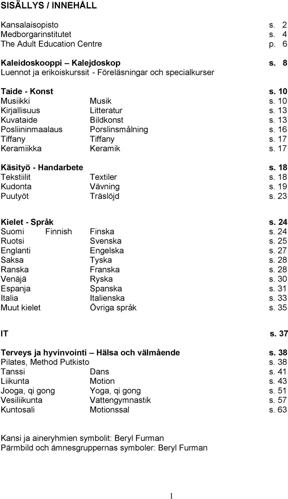 16 Tiffany Tiffany s. 17 Keramiikka Keramik s. 17 Käsityö - Handarbete s. 18 Tekstiilit Textiler s. 18 Kudonta Vävning s. 19 Puutyöt Träslöjd s. 23 Kielet - Språk s. 24 Suomi Finnish Finska s.