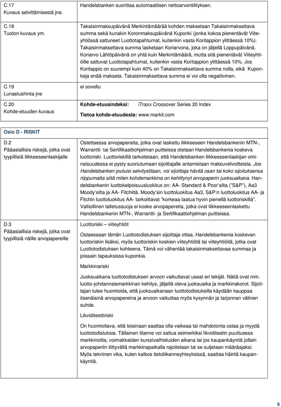 Koritappion ylittäessä 10%). Takaisinmaksettava summa lasketaan Koriarvona, joka on jäljellä Loppupäivänä.