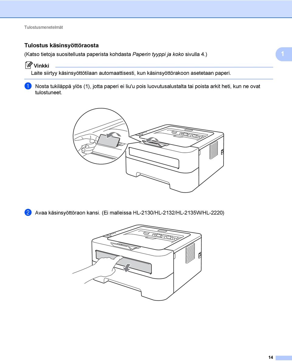 ) 1 Vinkki Laite siirtyy käsinsyöttötilaan automaattisesti, kun käsinsyöttörakoon asetetaan paperi.