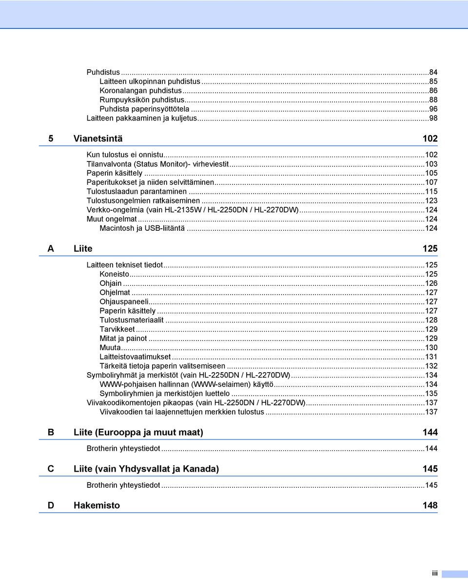 ..115 Tulostusongelmien ratkaiseminen...123 Verkko-ongelmia (vain HL-2135W / HL-2250DN / HL-2270DW)...124 Muut ongelmat...124 Macintosh ja USB-liitäntä...124 A Liite 125 Laitteen tekniset tiedot.