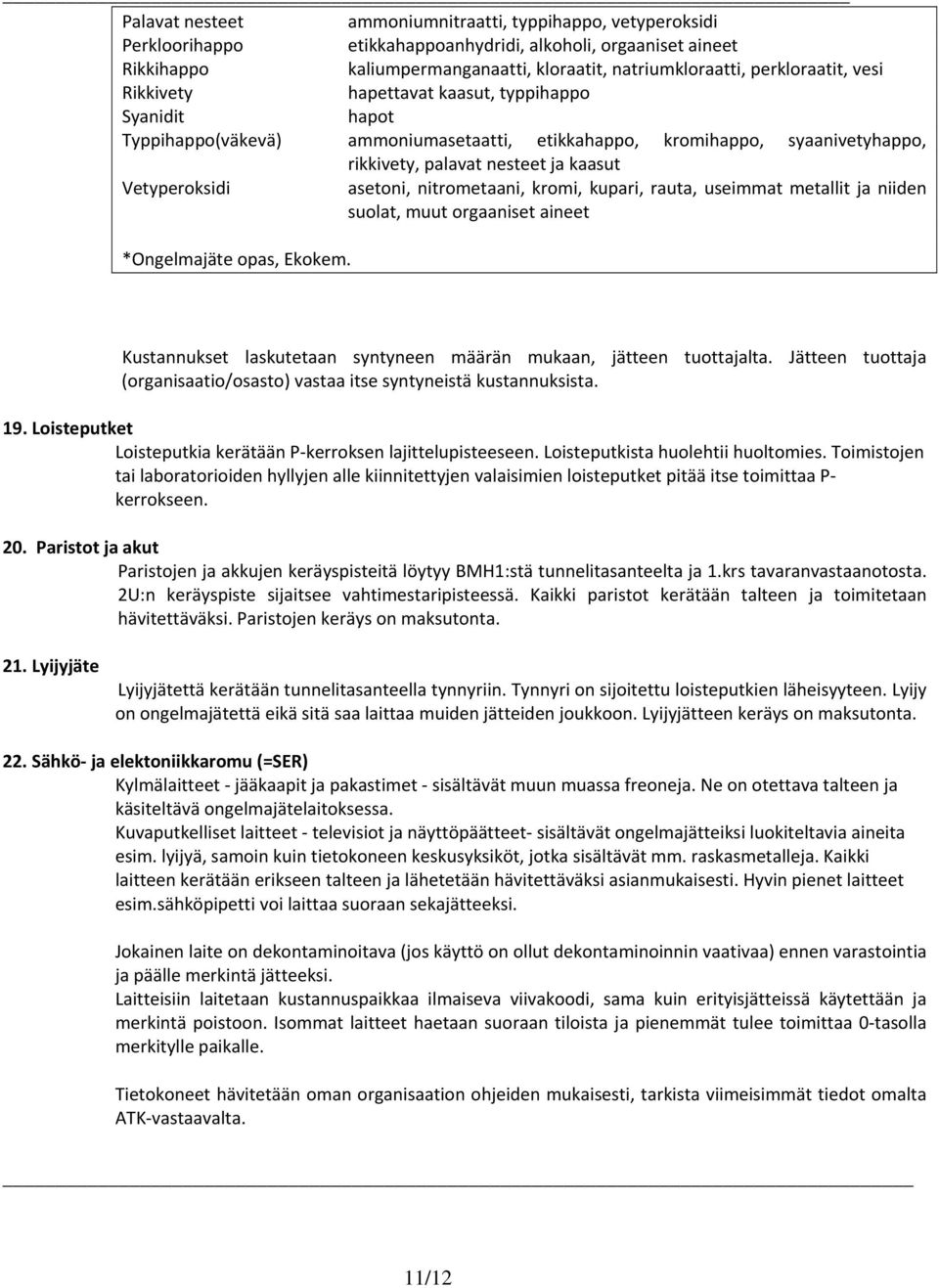 Vetyperoksidi asetoni, nitrometaani, kromi, kupari, rauta, useimmat metallit ja niiden suolat, muut orgaaniset aineet *Ongelmajäte opas, Ekokem.