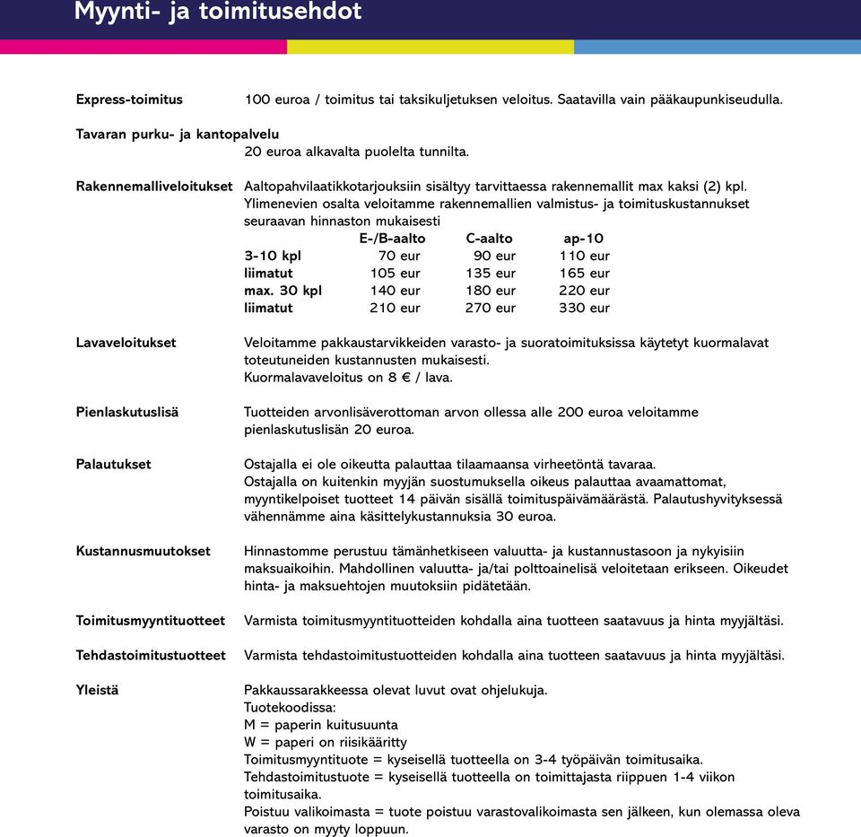 Ylimenevien osalta veloitamme rakennemallien valmistus- ja toimituskustannukset seuraavan hinnaston mukaisesti E-/B-aalto C-aalto ap-10 3-10 kpl 70 eur 90 eur 110 eur liimatut 105 eur 135 eur 165 eur