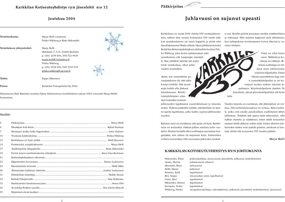 fi Seppo Hänninen Paino: Karkkilan Painopalvelu Oy, 2004 Etukannessa Raili Kataiston maalaus Syksy, takakannessa karkkilalaisen syksyn 2004 runsautta Marja Hollin kuvaamana. Sisältö: 3 Pääkirjoitus.