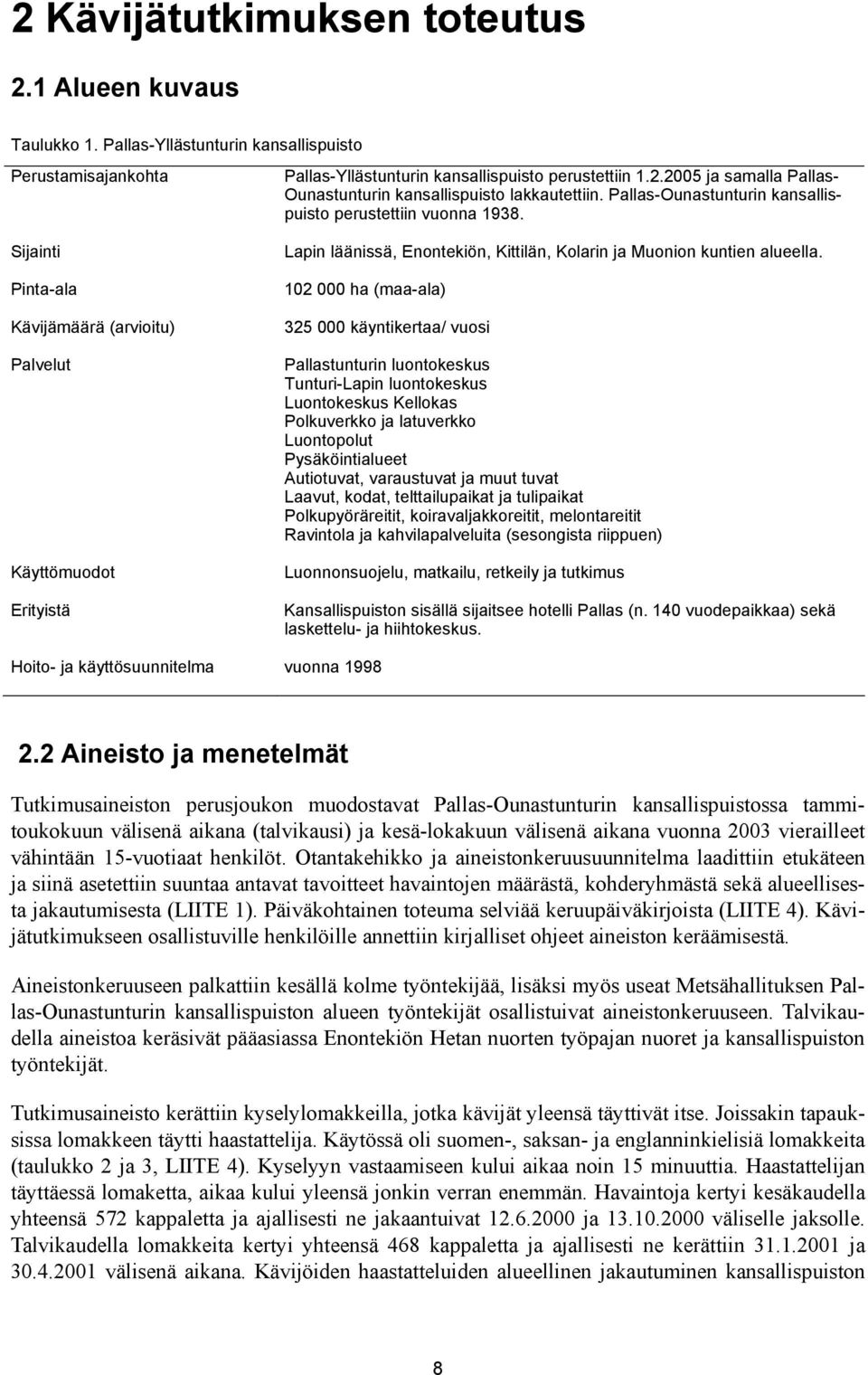 Sijainti Pinta-ala Kävijämäärä (arvioitu) Palvelut Käyttömuodot Erityistä Lapin läänissä, Enontekiön, Kittilän, Kolarin ja Muonion kuntien alueella.