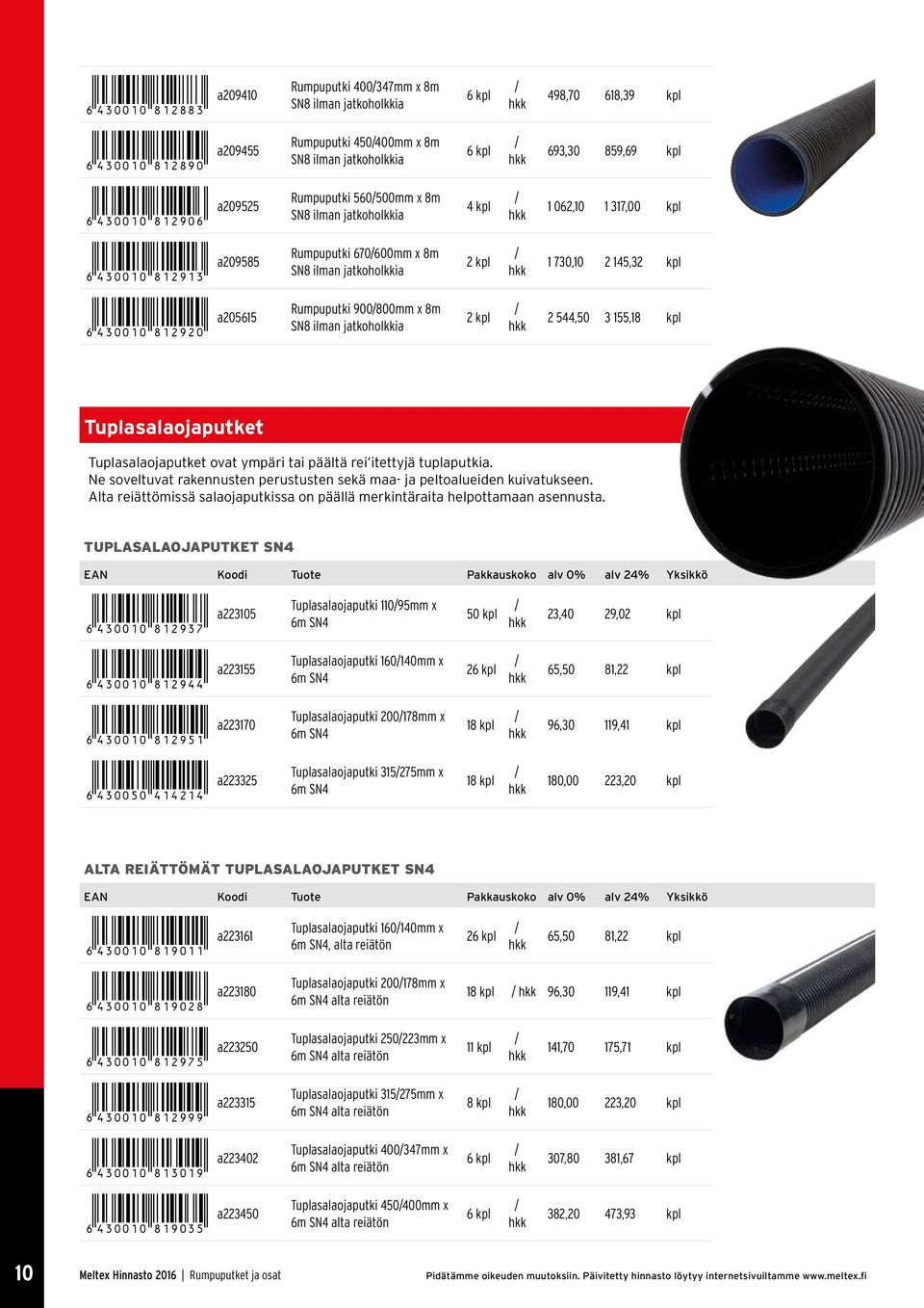 900800mm x 8m SN8 ilman jatkoholkkia 2 2 544,50 3 155,18 Tuplasalaojaputket Tuplasalaojaputket ovat ympäri tai päältä rei itettyjä tuplaputkia.