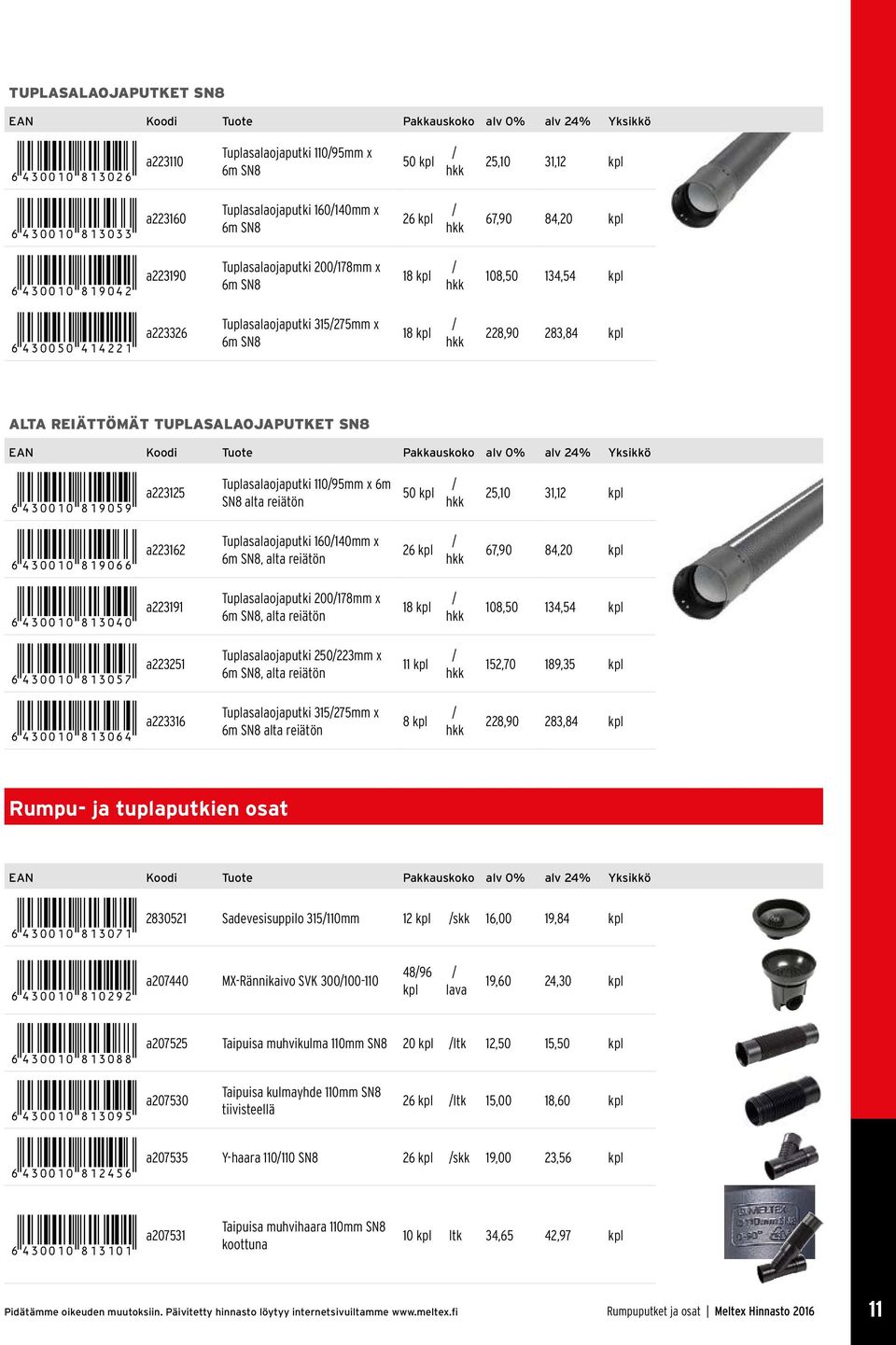 Tuplasalaojaputki 11095mm x 6m SN8 alta reiätön 50 25,10 31,12 *6430010819066* a223162 Tuplasalaojaputki 160140mm x 6m SN8, alta reiätön 26 67,90 84,20 *6430010813040* a223191 Tuplasalaojaputki