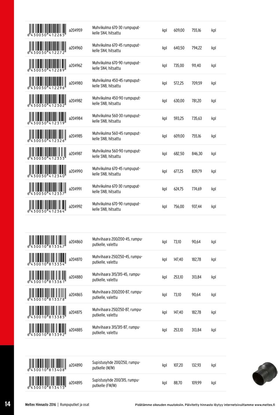 hitsattu Muhvikulma 450-45 rumpuputkelle SN8, hitsattu Muhvikulma 450-90 rumpuputkelle SN8, hitsattu Muhvikulma 560-30 rumpuputkelle SN8, hitsattu Muhvikulma 560-45 rumpuputkelle SN8, hitsattu