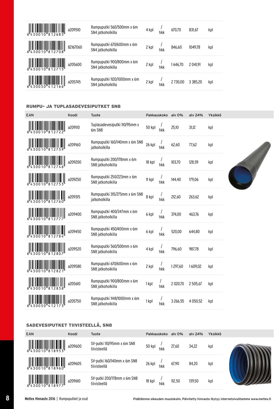 *6430010812722* a209110 Tuplasadevesiputki 11095mm x 6m SN8 50 25,10 31,12 *6430010812739* a209160 Rumpuputki 160140mm x 6m SN8 jatkoholkilla 26 62,60 77,62 *6430010812746* a209200 Rumpuputki