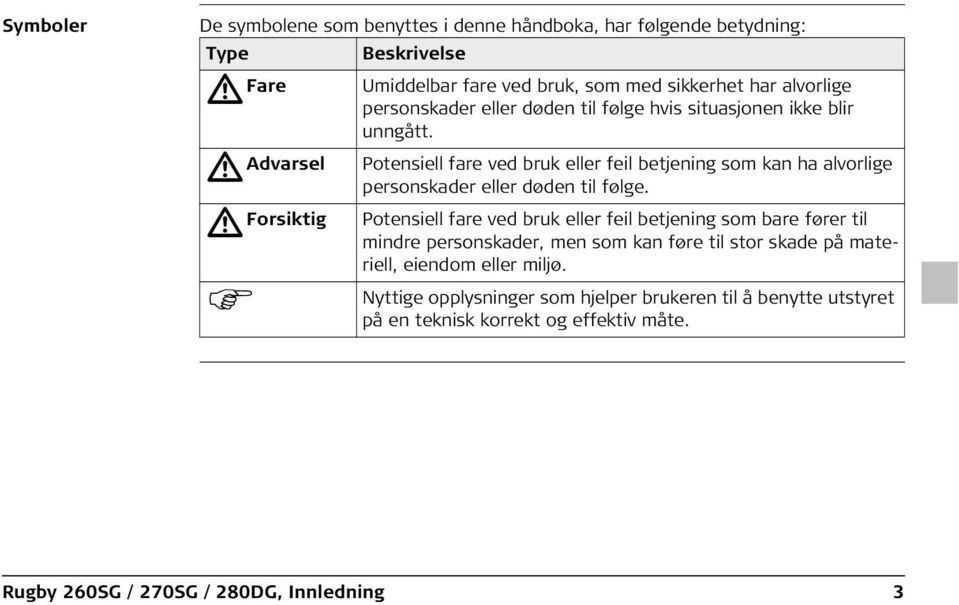 Potensiell fare ved bruk eller feil betjening som kan ha alvorlige personskader eller døden til følge.