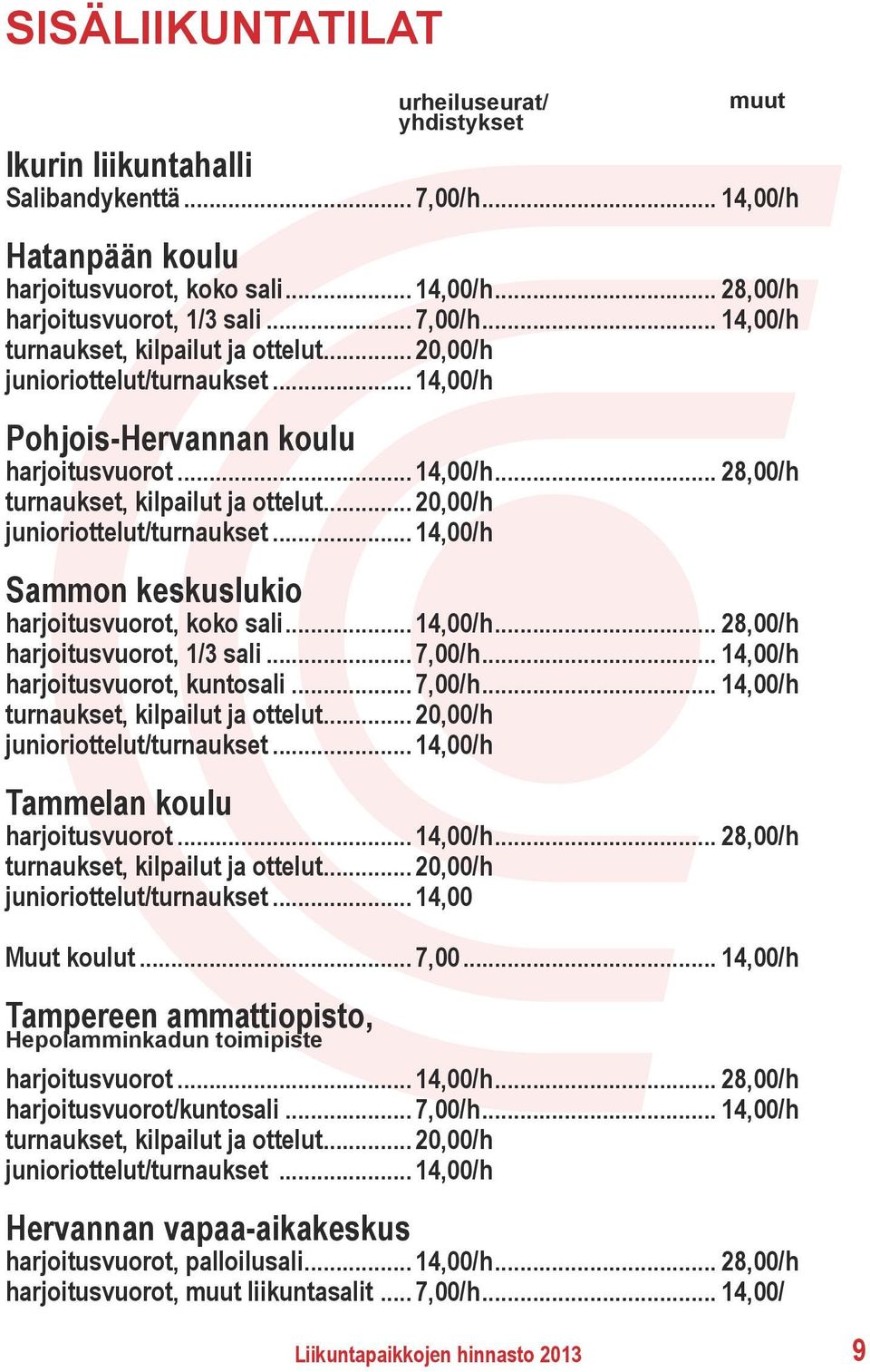 .. 14,00/h... 28,00/h harjoitusvuorot, 1/3 sali... 7,00/h... 14,00/h harjoitusvuorot, kuntosali... 7,00/h... 14,00/h turnaukset, kilpailut ja ottelut... 20,00/h junioriottelut/turnaukset.