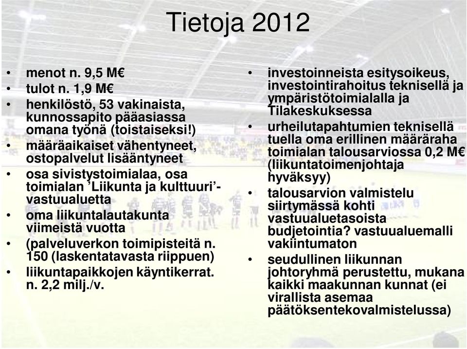 n. 150 (laskentatavasta riippuen) liikuntapaikkojen käyntikerrat. n. 2,2 milj./v.