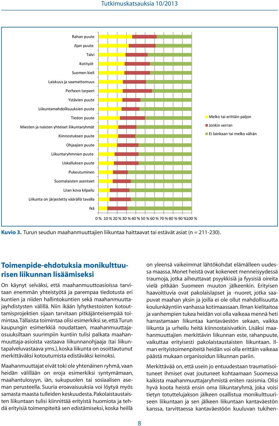 [45] Rahan puute tai liikunnan kalleus on tästä päätellen maahanmuuttajilla merkittävämpi liikunnan este kuin kantaväestöllä.