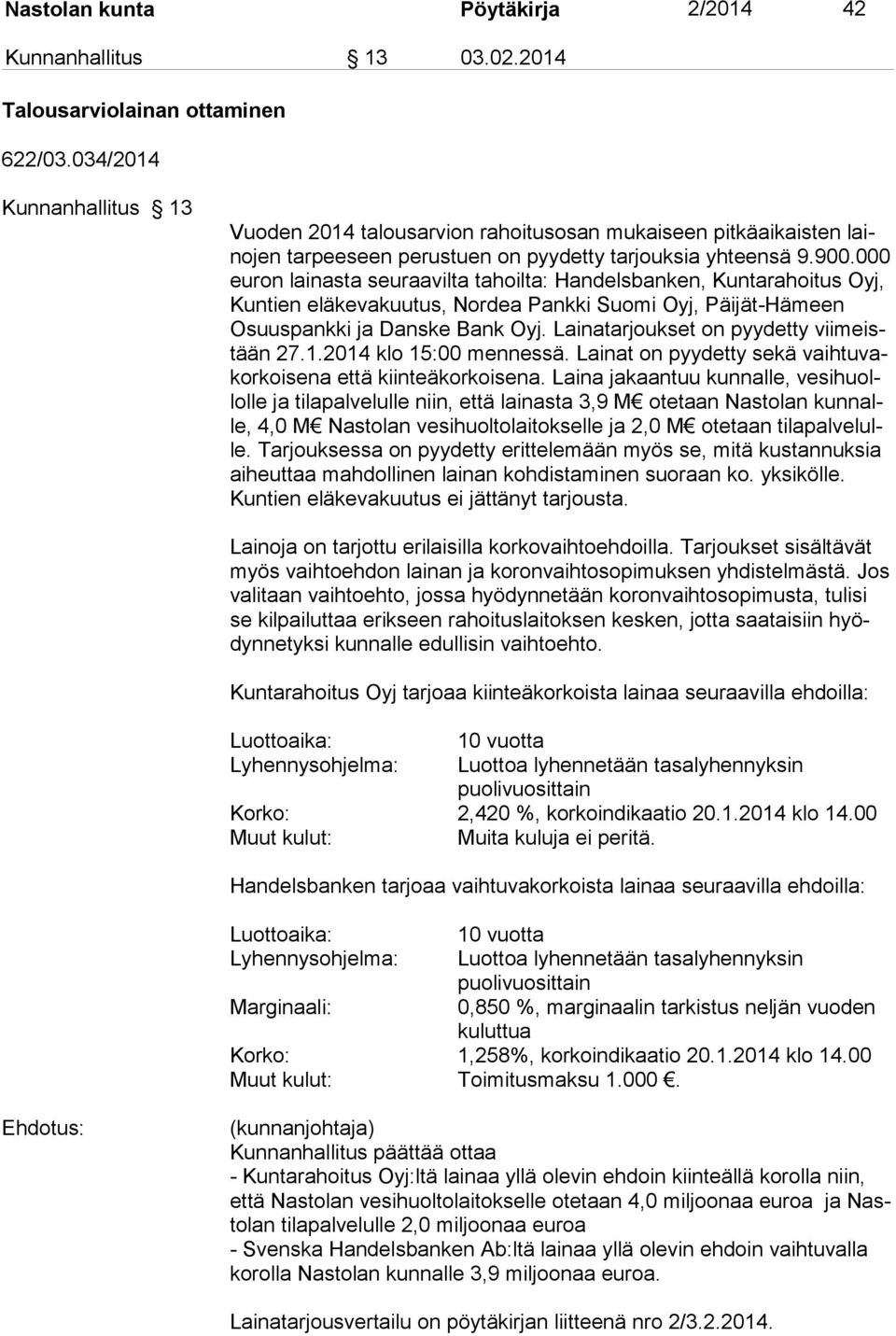 000 euron lainasta seuraavilta tahoilta: Handelsbanken, Kuntarahoitus Oyj, Kuntien eläkevakuutus, Nordea Pankki Suomi Oyj, Päijät-Hämeen Osuuspankki ja Danske Bank Oyj.