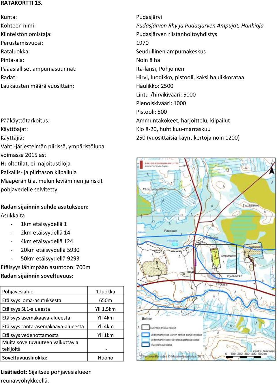 Pudasjärvi Pudasjärven Rhy ja Pudasjärven Ampujat, Hanhioja Pudasjärven riistanhoitoyhdistys 1970 Seudullinen ampumakeskus Noin 8 ha Itä-länsi, Pohjoinen Hirvi, luodikko, pistooli, kaksi